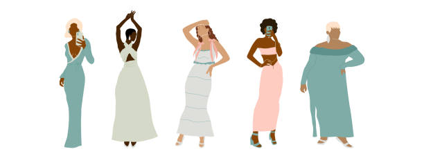 Set of stylish abstract women in dress. Collection of diversity elegant faceless female. Plus size girl. Modern minimal vector illustration isolated on white background. Set of stylish abstract women in dress. Collection of diversity elegant faceless female. Plus size girl. Modern minimal vector illustration isolated on white background plus size boho clothing stock illustrations
