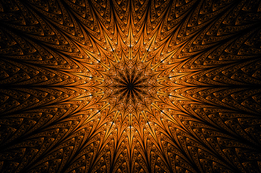 Computer generated abstract illustration golden star layer wall background, Kaleidoscope design background, Concept Unique Mandala Kaleidoscopic creative inimitable graphic design
