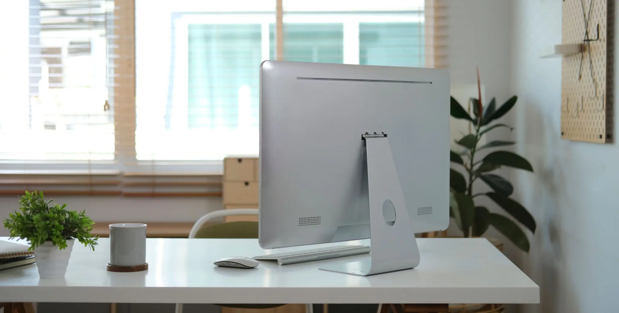 Home office desk with modern computer, coffee cup and houseplant.