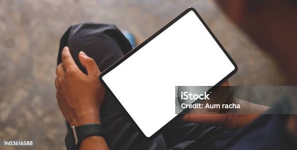 Man Hands Holding Digital Tablet With White Screen Stock Photo - Download Image Now