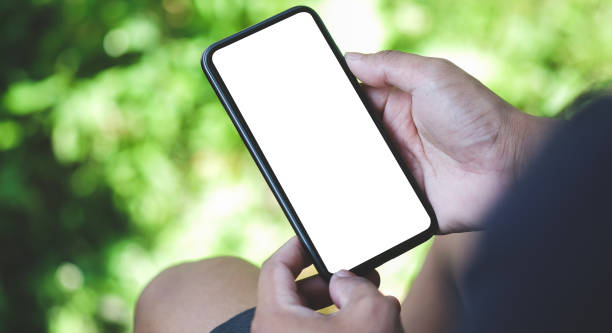 istock Close up view female holding mock up mobile phone with blank screen.