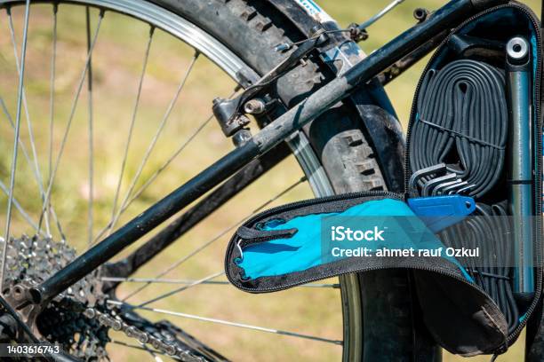 Inner Tube Pump And Hex Set In The Bag On The Bike Stock Photo - Download Image Now - Bicycle, Bicycle Pump, Color Image