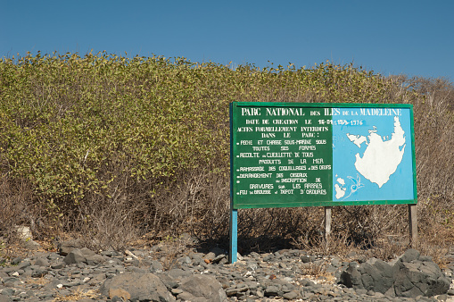 Notice board about the Iles de la Madeleine National Park. Sarpan Island. Iles de la Madeleine National Park. Dakar. Senegal.