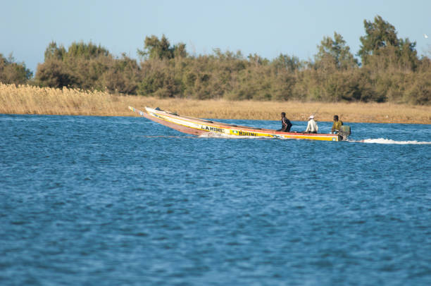 Fishing boat sailing in the Senegal River. stock photo