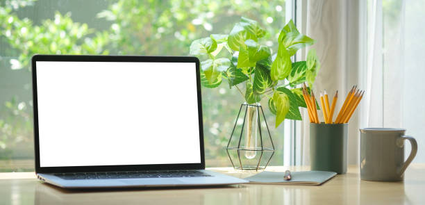 istock Home office desk with computer laptop, coffee cup and houseplant on wood table. 1403617023