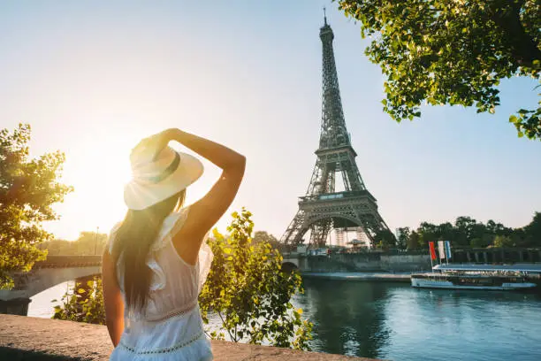 Photo of Young woman tourist in sun hat and white dress standing in front of Eiffel Tower in Paris at sunset. Travel in France, tourism concept