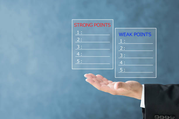 Business man's hand raising storng and weak lists Business man's hand raising storng and weak lists personality test stock pictures, royalty-free photos & images