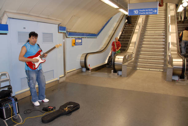 Madrid, Spain - June 27, 2007: Street musician performing at a city subway entrance
