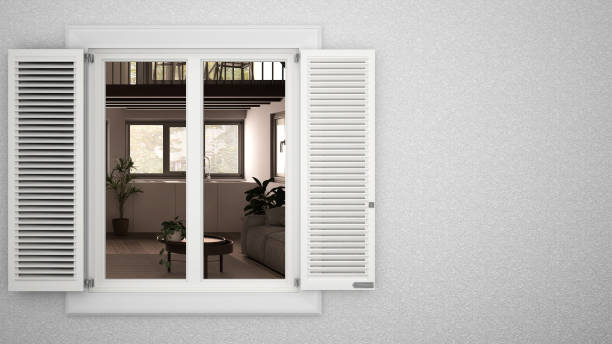 istock Exterior plaster wall with white window with shutters, showing interior country kitche and lounge, blank background with copy space, architecture design concept idea, mockup template 1403619720