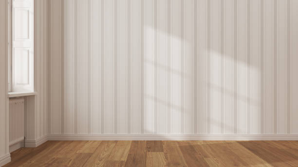 istock Empty room interior design in white and beige tones, open space with parquet wooden floor, window with radiator, striped wallpaper, classic architecture concept idea 1403619779
