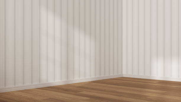 istock Empty room interior design in white and beige tones, open space with parquet wooden floor, striped wallpaper, classic architecture concept idea 1403619793
