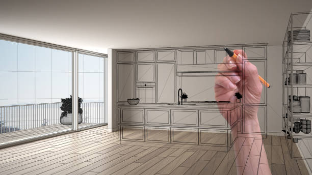 istock Empty white interior with parquet floor and big panoramic window, hand drawing custom architecture design, black ink sketch, blueprint showing modern kitchen 1403619831