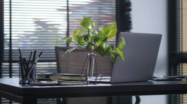 istock Contemporary workplace with computer laptop, coffee cup, financial document and potted plant. 1403619919