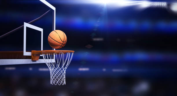Basketball hoop and ball in the basketball court. Basketball hoop and ball were modelled and rendered. basketball stock pictures, royalty-free photos & images
