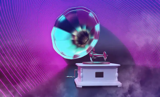 gramophone in purple neon corridor with smoke. 3d rendering