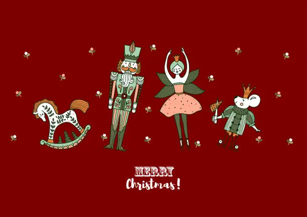 Vector illustration of Christmas greeting card the Nutcracker.