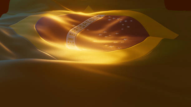 bandera de brasil en primer plano con iluminación atmosférica - brasilero fotografías e imágenes de stock