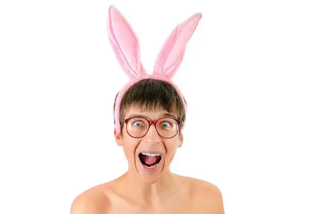 Funny Young Man in Rabbit Ears on the White Background closeup