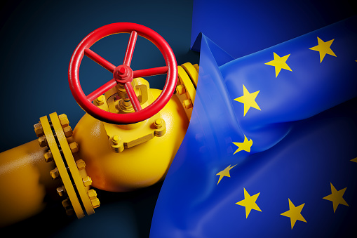 Gasoducto de válvulas de gas Europe Nord Stream y bandera EU 3D render photo