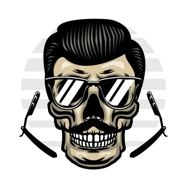 Vector illustration of Mustached barber skull with stylish hairstyle