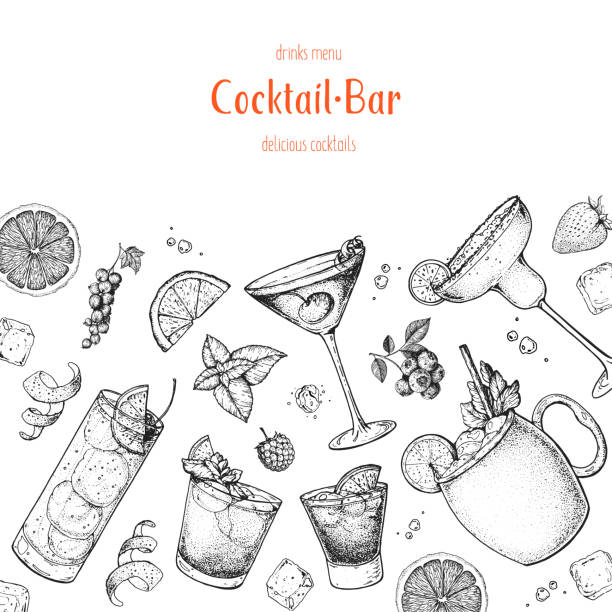 illustrazioni stock, clip art, cartoni animati e icone di tendenza di cocktail disegnati a mano illustrazione vettoriale. set di schizzi di cocktail alcolici. stile inciso. modello di progettazione per barra. tom collins, mai tai, manhattan, negroni, moscow mule, margarita. - vector alcohol cocktail highball glass