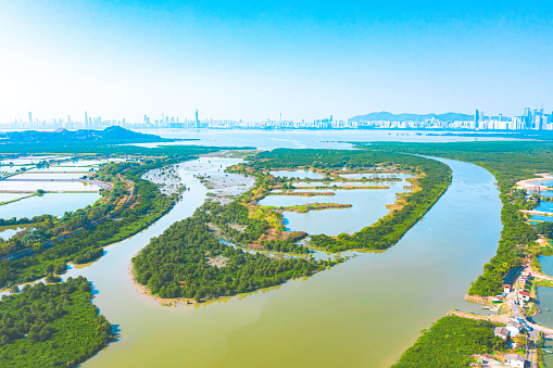 Aerial view fish ponds in Hong Kong border