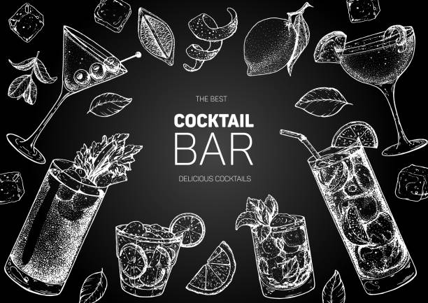 ilustrações de stock, clip art, desenhos animados e ícones de alcoholic cocktails hand drawn vector illustration. cocktails sketch set. engraved style. - caipiroska