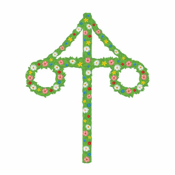 Maypole, or in Sweden called midsommarstång or majstång. Vector illustration. Swedish (Sweden) and Finnish (Finland) traditional symbol. Pole dressed with leafs and flower. Called maypole and in Swedish midsommarstång or majstång. Event celebrating Midsommar (midsummer) or also called Midsommarafton. People dancing around the pole. Isolated on white background. swedish summer stock illustrations