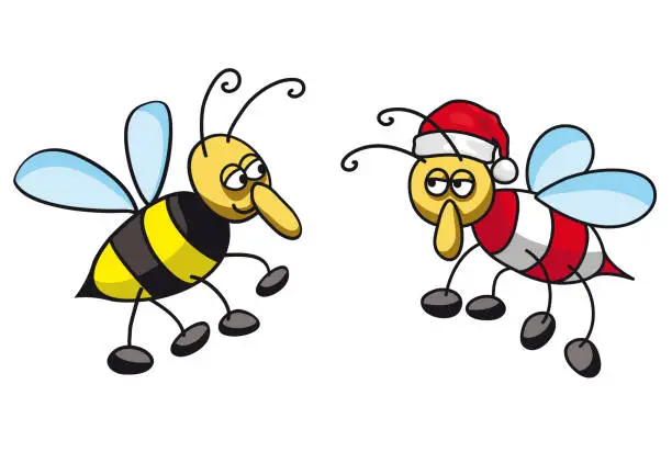Vector illustration of Two bees, one dressed as Santa Claus, vector illustration.