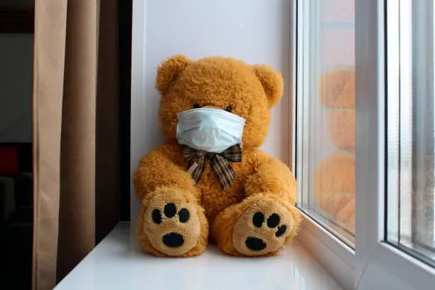 On the windowsill is a toy bear with a mask on its face.