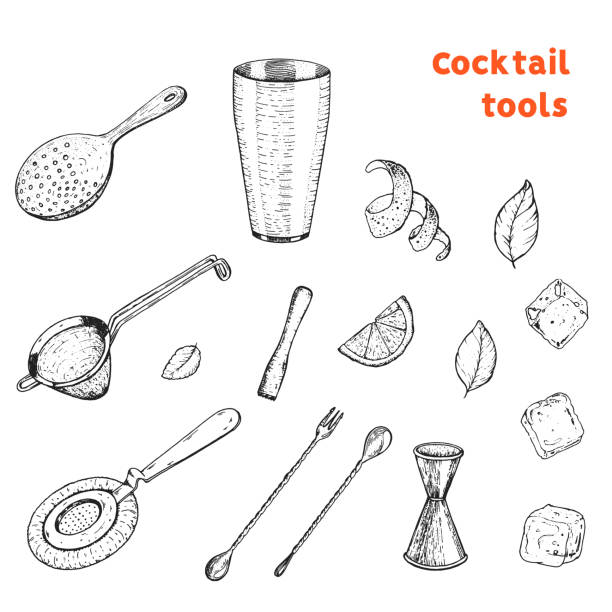 bartending werkzeuge handgezeichnete skizze. cocktail-tools vektor-illustration. gravierte sammlung. elemente des bar-designs. - barkeeper stock-grafiken, -clipart, -cartoons und -symbole