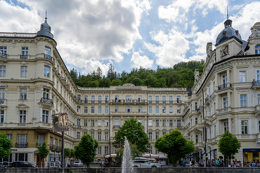 Karlovy Vary, Karlovy Vary Region, Czech Republic - May 22, 2022: The Grandhotel Pupp is an impressive traditional hotel dating back to 1701. With the establishment of the Pupp Royal Spa & Clinic, it represents a modern concept of the spa tradition of Karlovy Vary.