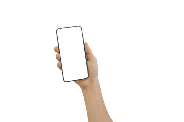 istock Male hand holding smart phone with white blank empty screen isolated on white background include clipping path. Using for mockup, browsing or social media, application. Technology Concept. 1403635770