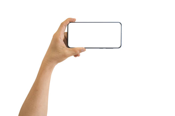 istock Male hand holding smart phone with white blank empty screen isolated on white background include clipping path. 1403635801