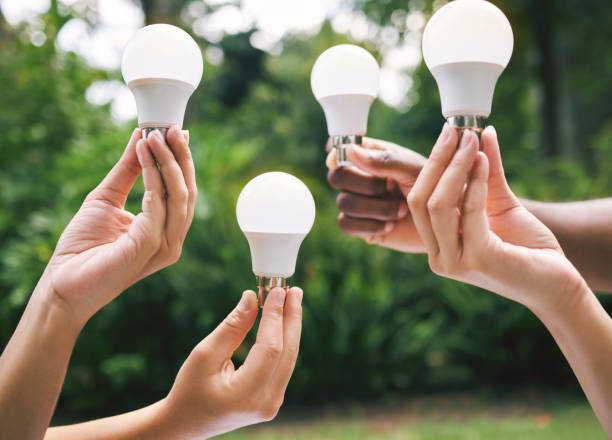 várias mãos segurando lâmpadas lá fora na natureza. close-up de pessoas multiétnicas segurando lâmpadas como um conceito de eletricidade sustentável. pessoas multirraciais segurando lâmpadas - versátil - fotografias e filmes do acervo