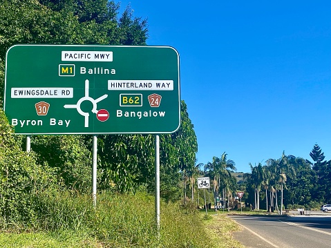 Horizontal landscape of country street sign indicating direction at country roundabout on rural road in Byron Bay Shire Australia