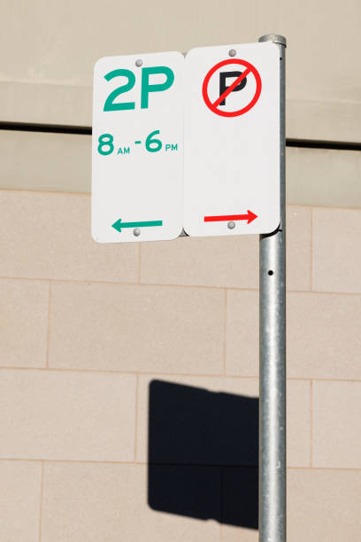 White no parking sign on a metal pole the other sign shows parking access to the left..