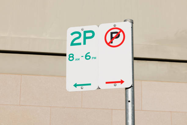 White no parking sign on a metal pole the other sign shows parking access to the left..