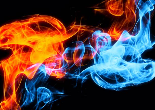 istock 3D illustration of red and blue fire swirling 1403641212