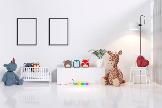 istock Mock up picture frames in a white nursery room, 3d rendered illustration. 1403641225