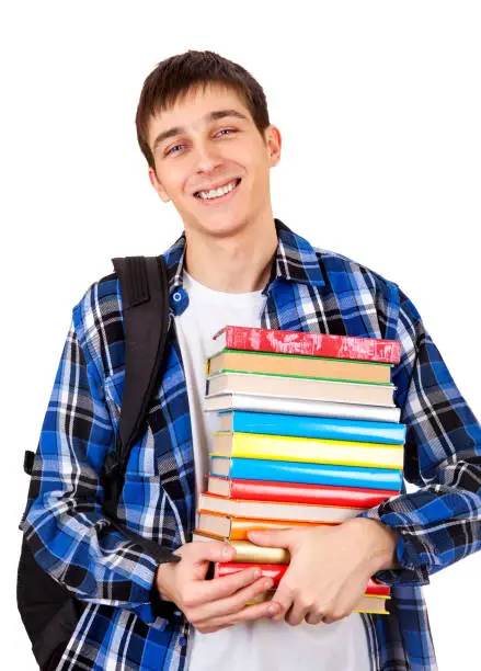 Cheerful Student with a Books Isolated on the White Background