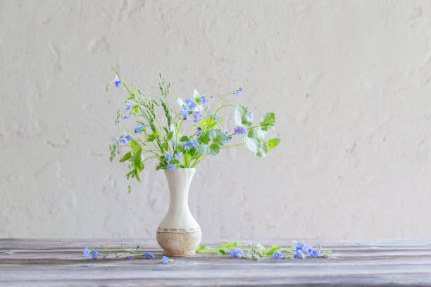 istock wild flowers  in vase  on background white old wall 1403642840