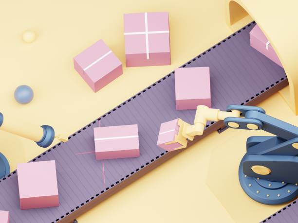 istock Top Down View Of A Cartoonish Warehouse With Robotic Arms 1403645304