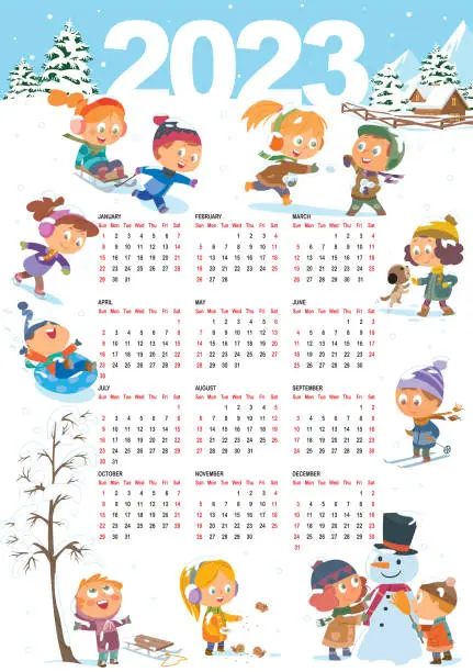 Vector illustration of Calendar for 2023year. Cheerful children play in the winter