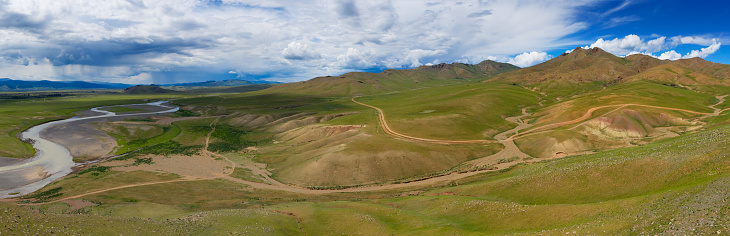 Aerial panorama view of steppe and mountains landscape in Orkhon valley, Mongolia