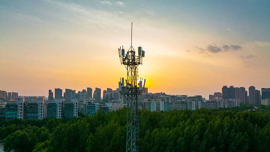 Aerial view of communications tower for mobile phone and video data transmission