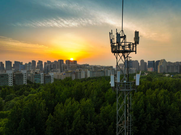 istock Aerial view of communications tower for mobile phone and video data transmission 1403650209