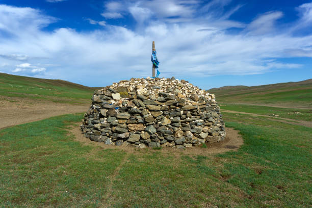Sacred stone heap - Ovoo, oboo, or obo, used as altar or shrine in Mongolia