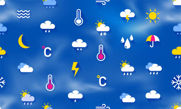 ilustraciones, imágenes clip art, dibujos animados e iconos de stock de patrón climático. verano o invierno, fondo de primavera y otoño con sol, sol, nubes con lluvia y nieve, iconos de relámpagos y viento, textura de garabatos. diseño de impresión vectorial sin fisuras - seamless pattern meteorology snowflake