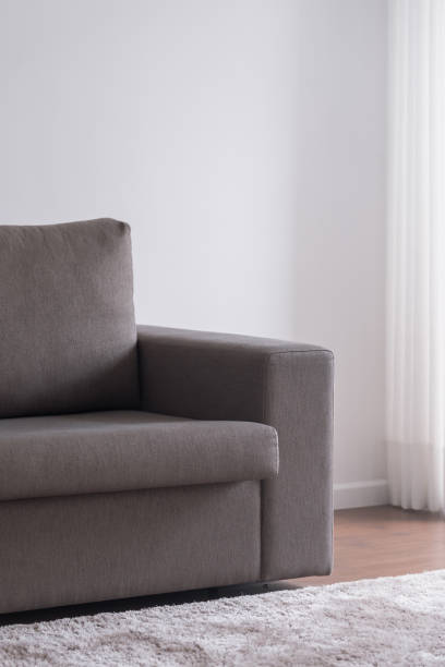 istock Ergonomic grey couch and soft rug in comfortable house 1403658452